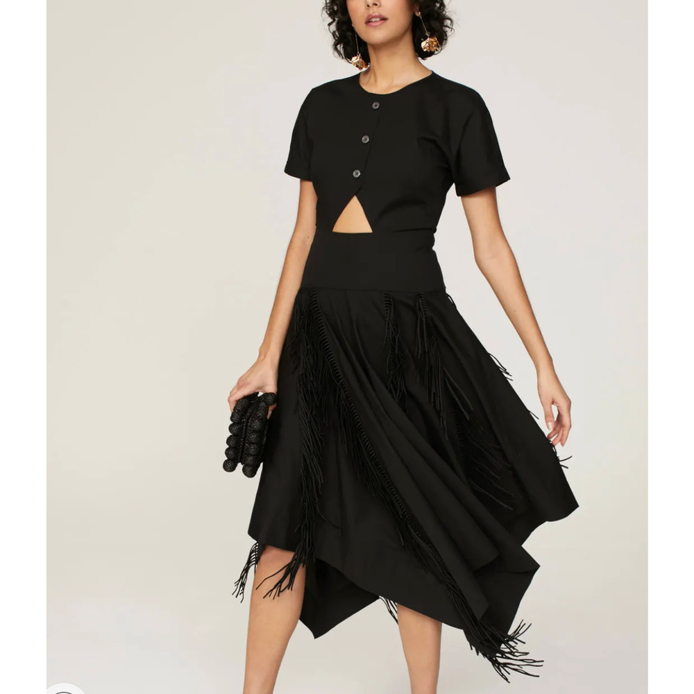 Bibhu Mohapatra Black Fringe Midi Shirt Dress Size 4 Western Rodeo Designer $455